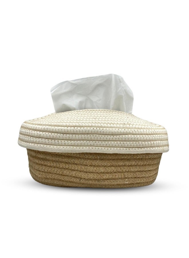 BOBBINY Jute Cotton Tissue Box Holder, Handcrafted Tissue Container for 100 Pulls Natural Tissue Holder for Office Living Bedroom Car Desk Dining Table Home Decor (Off White & Brown, Design 5) - Image 5